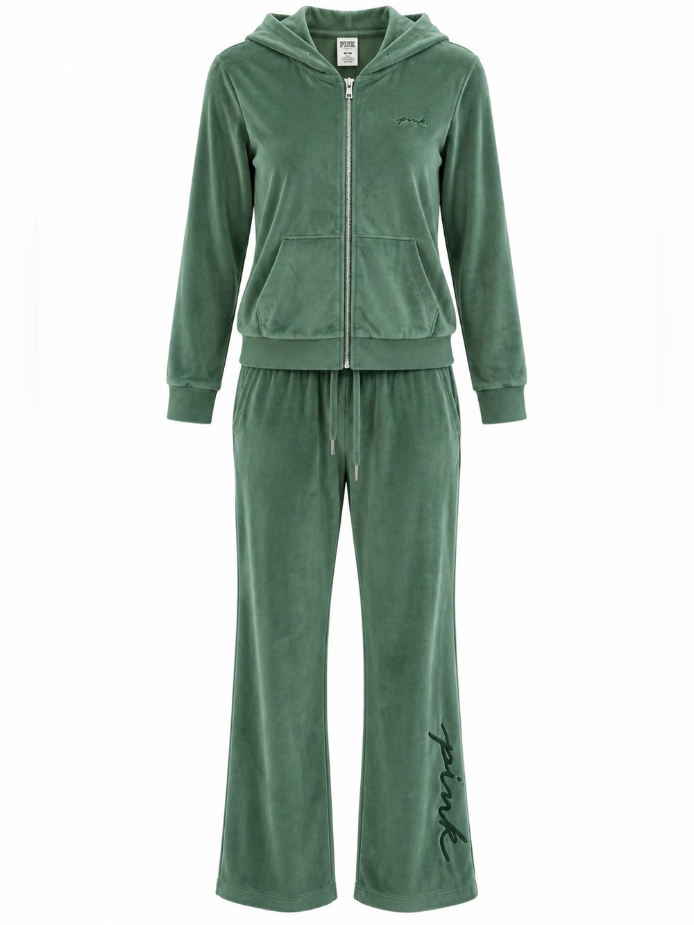 PINK Victoria’s Secret Green Velour Two Piece Sweat Set Outfit size Small